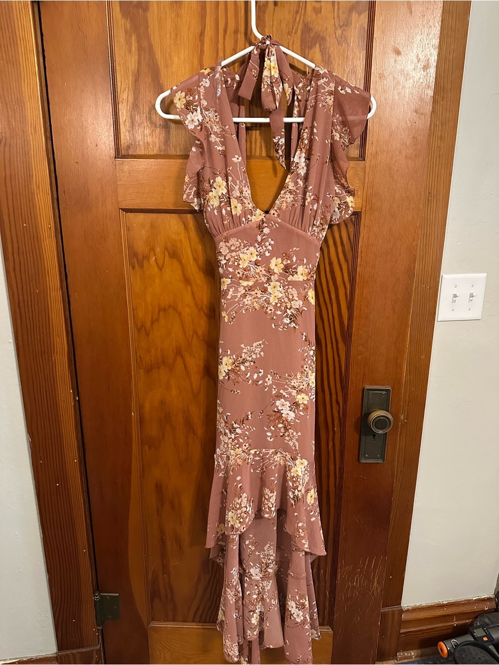 Altar'd State Dusty Rose Floral High-Low Halter Maxi Dress
